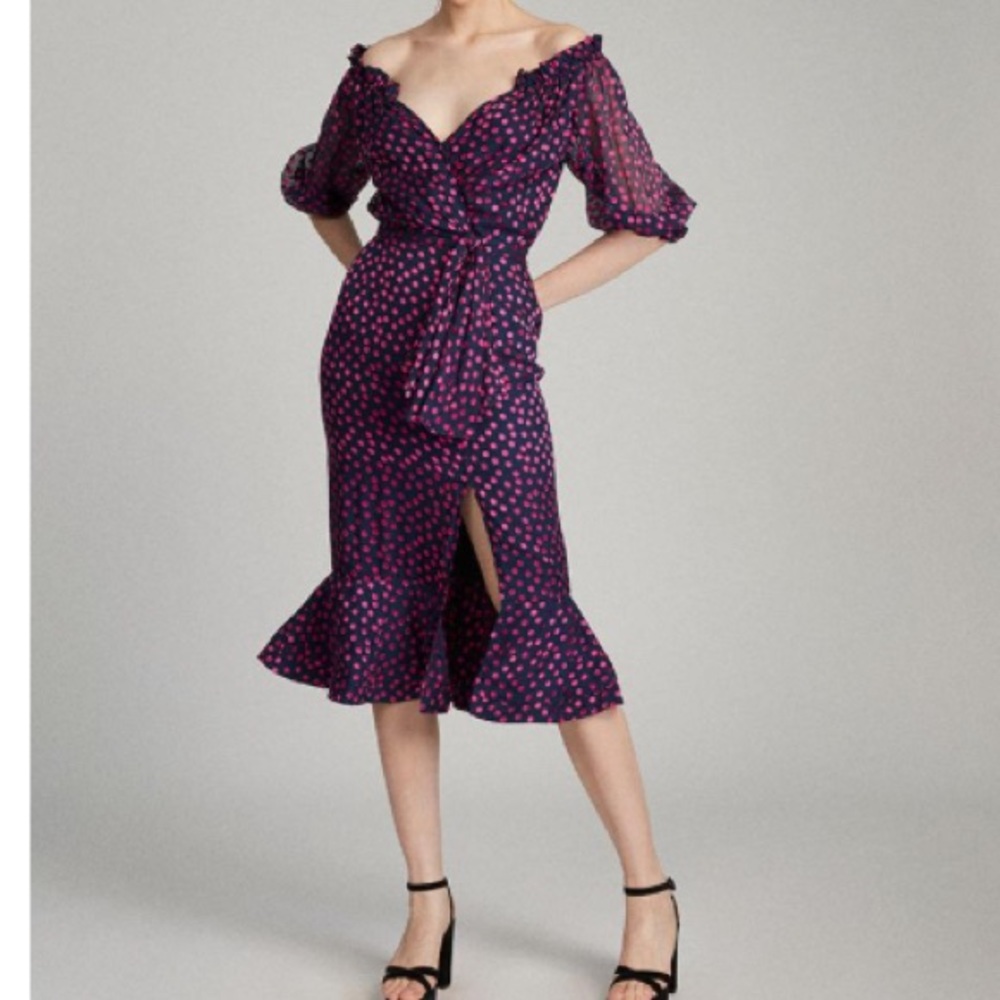 SALONI Olivia Navy & Pink Polka Dot Off-Shoulder Midi Dress